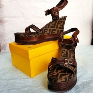 Fendi Logo Print Wedge Sandals
